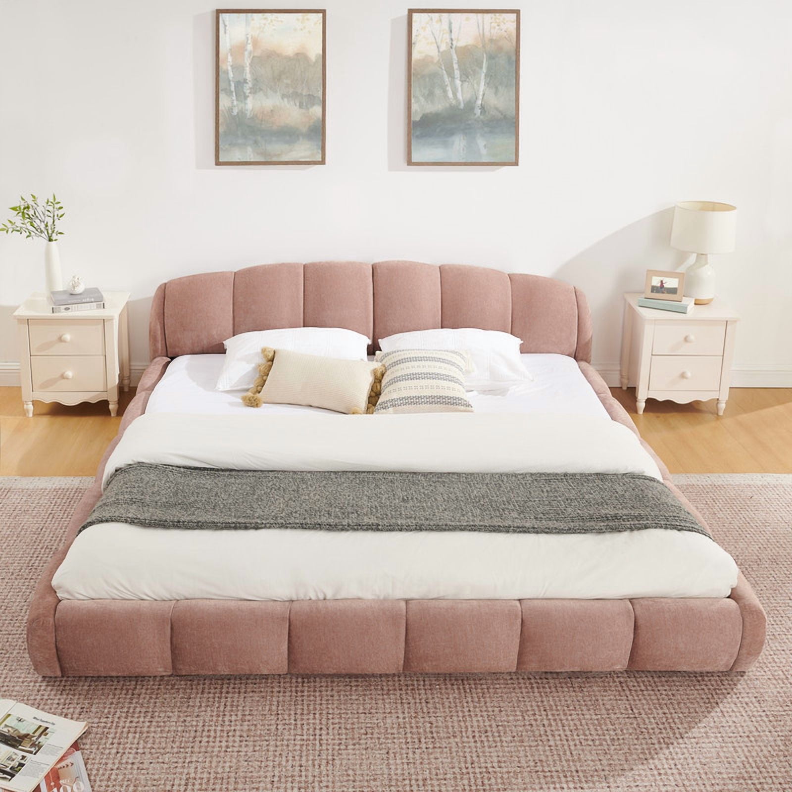 Queen/King Size Upholstered Platform Bed Frame, No Box Spring Required Low Profile Floor Bed with Padded Headboard & Footboard