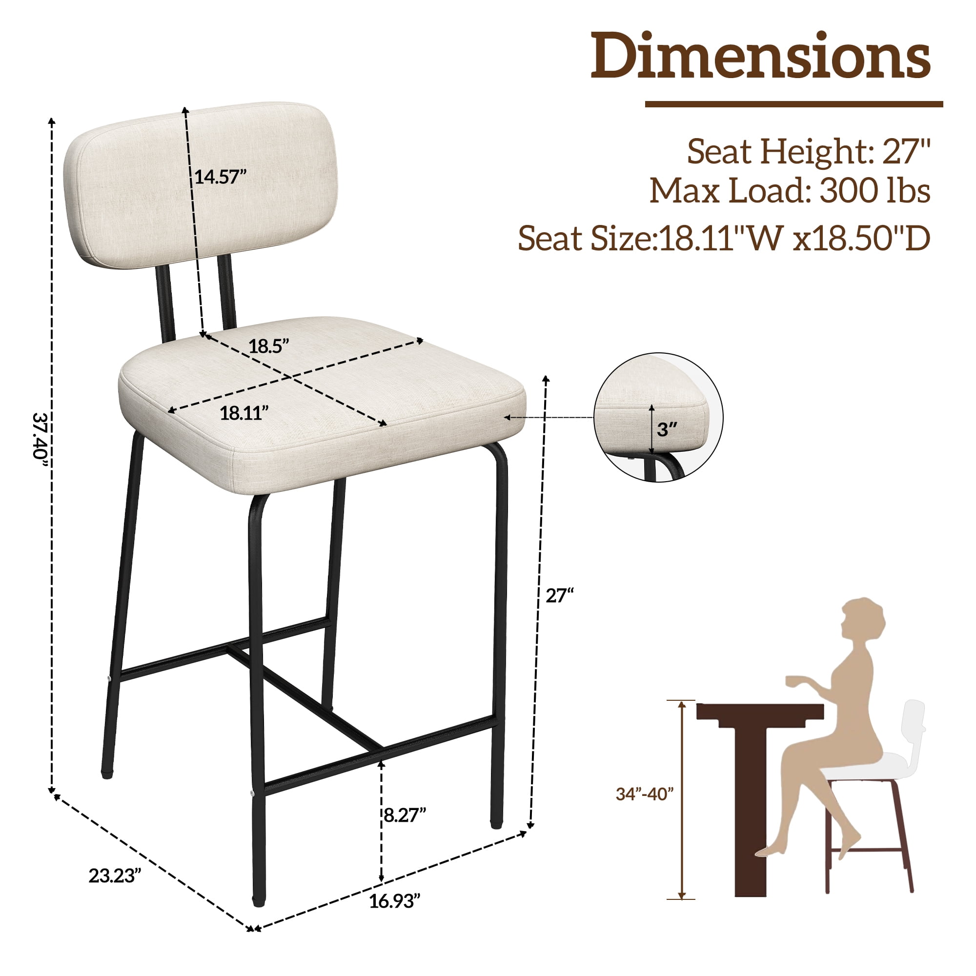 Genpo Counter Height Bar Stools Set of 2, 26" White Fabric Kitchen Counter Stools with Backs, Metal Legs, Footrest and Wide Seat, Bar Chairs for Kitchen Island