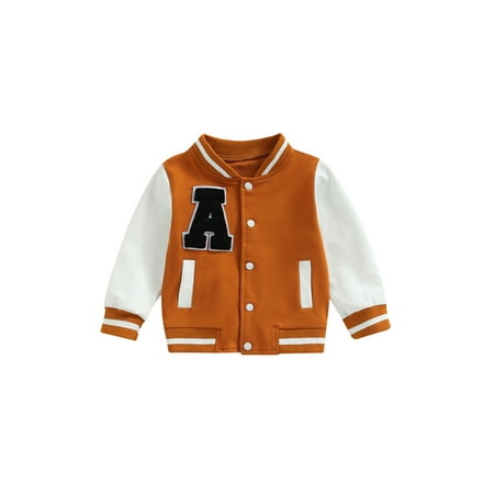 

Gwiyeopda Baby Boys Girls Baseball Jackets Letter Pattern Contrast Color Long Sleeve Buttons Front Coat
