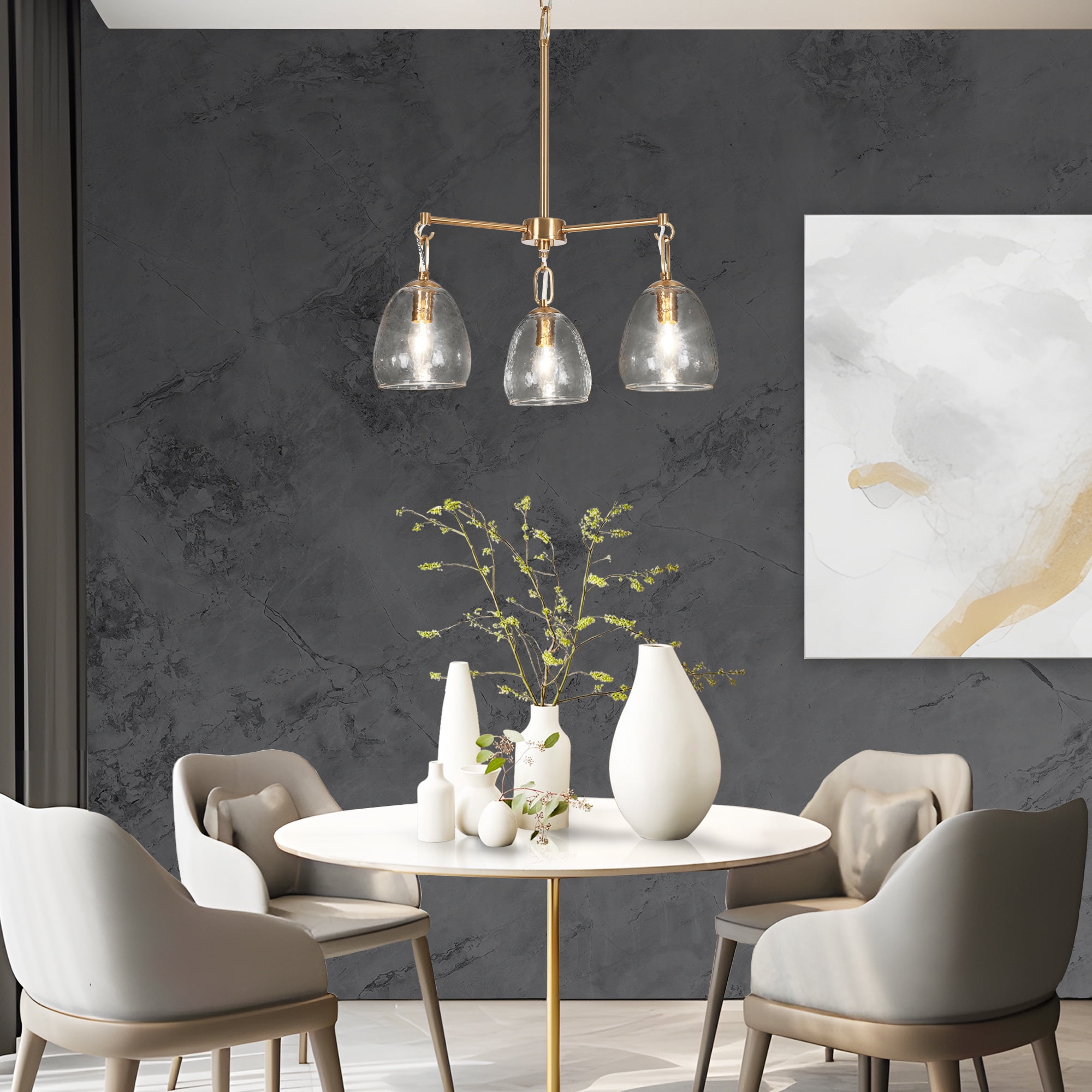LNC Blobfish 3 -Light Polished Gold Textured glass Metal Chandelier