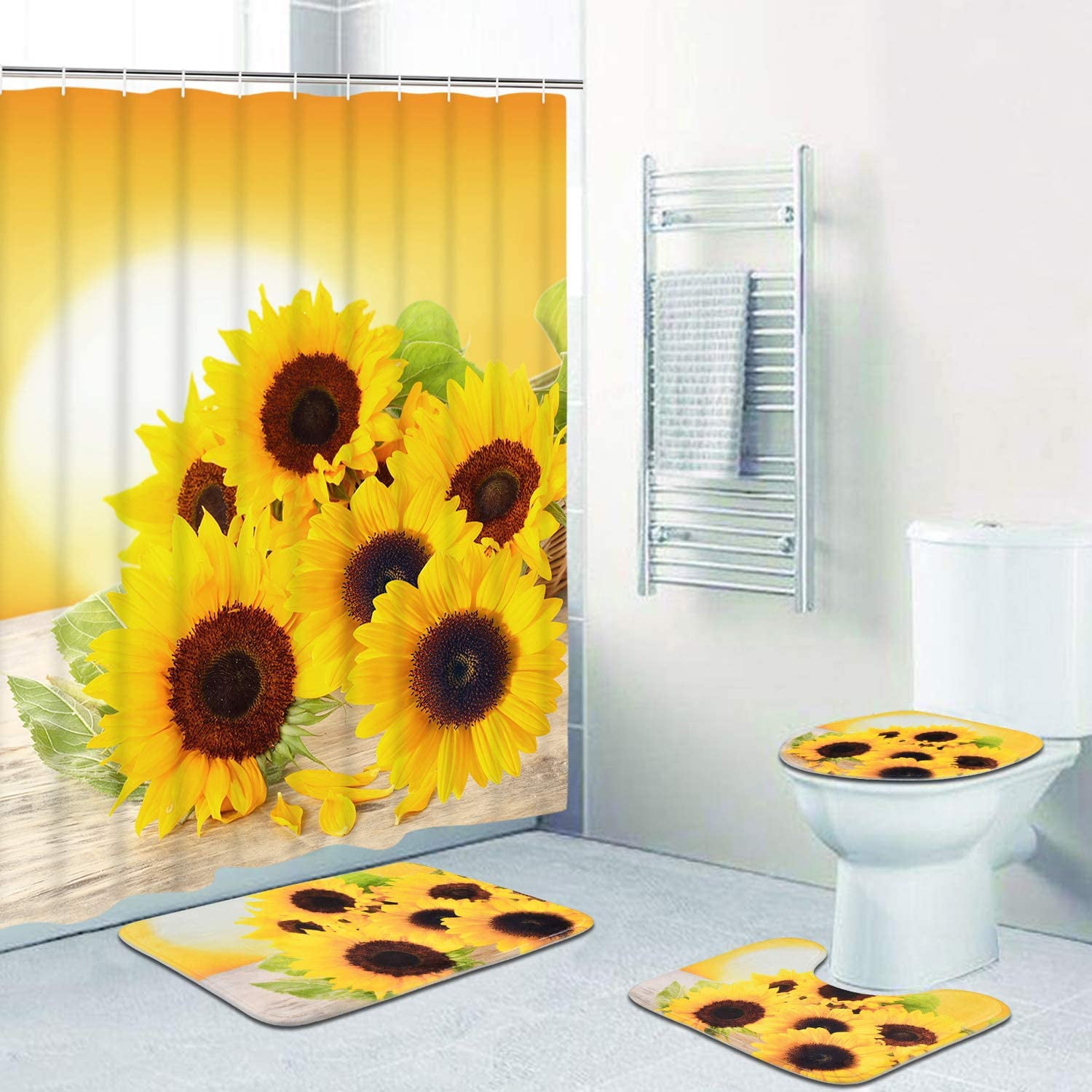 Sunshine Sunflower Butterfly Shower Curtain Rustic Plank Bathroom Accessory Sets 