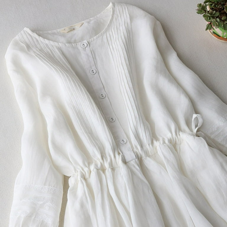 Cotton Linen Sundress for Women 3/4 Sleeve Crewneck Button up Dress Tunic  Drawstring Solid Color Double Layer Maxi Dresses - Walmart.com