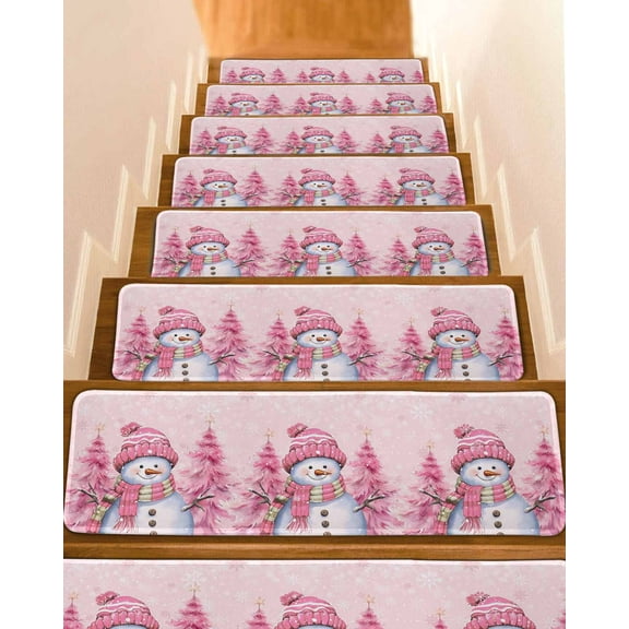Christmas Snowman, Stair Treads for Wooden Steps Indoor Runner Rug Carpet, Pink Winter Fantasy Snowflake 15 Pieces Peel and Stick Staircase Step Treads Covers Washable Throw Door Mats, 30"x8"