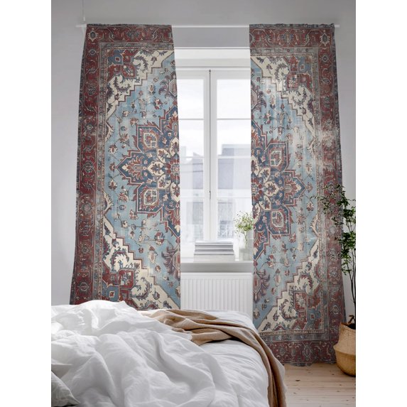 Sheer Curtains 96 Inches Long 2 Panels Set for Living Room, Retro Southwest Semi Sheer Curtains for Windows, Boho Rustic Ethnic Tribal Patterns Red Voile Window Treatments Rod Pocket Curtain
