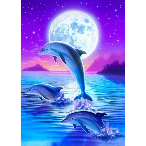 Juego de pintura de diamante 5D para niños y adultos de 30 x 40 cm, delfín saltando, manualidades de punto de cruz con bordado de diamantes, juego de pintura de diamantes de imitación de cristal en li
