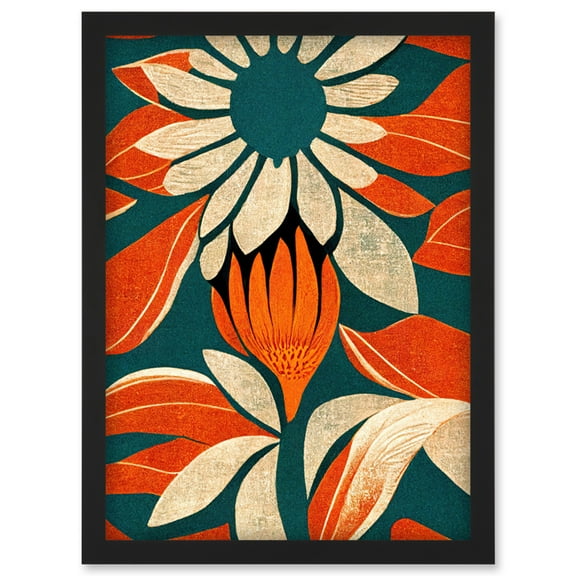 Flower Design Teal Orange Abstract Linocut Artwork Framed Wall Art Print A4