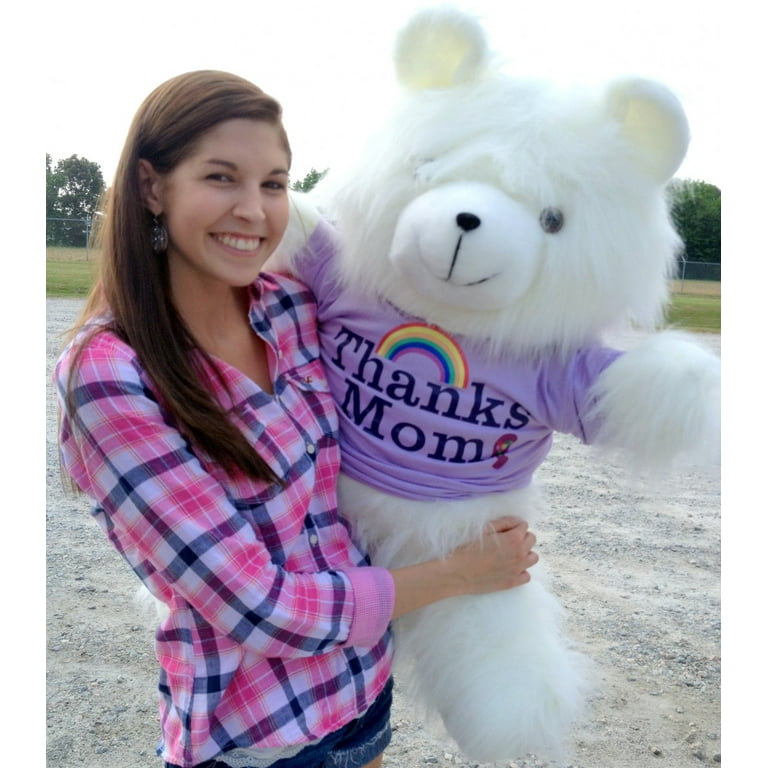 American Made Giant Teddy Bear 36 Inch Soft White Wears THANKS MOM Tshirt