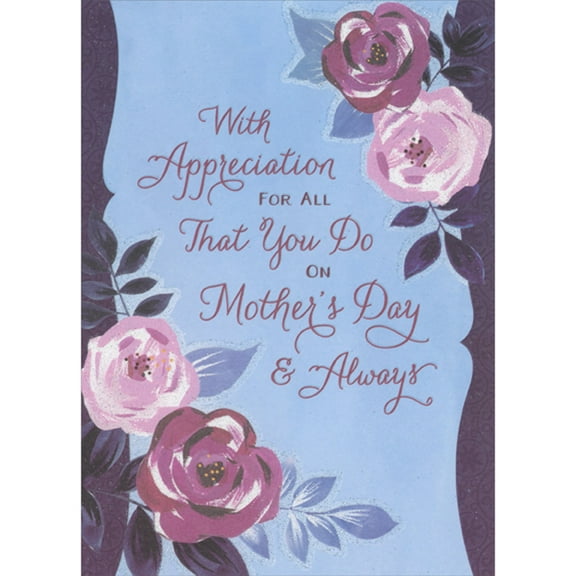 Designer Greetings With Appreciation Sparkling Purple and Pink Flowers on Light Blue Background Mother's Day Card