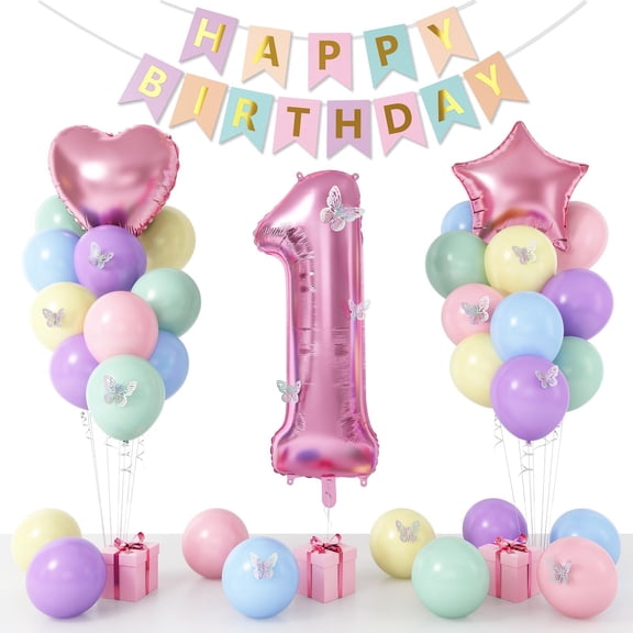 Pastel Macaron Birthday Balloon, Pink Number 1 Balloon with Butterfly Stickers, Star Heart Foil Balloons Banner Set for Birthday Party Decor