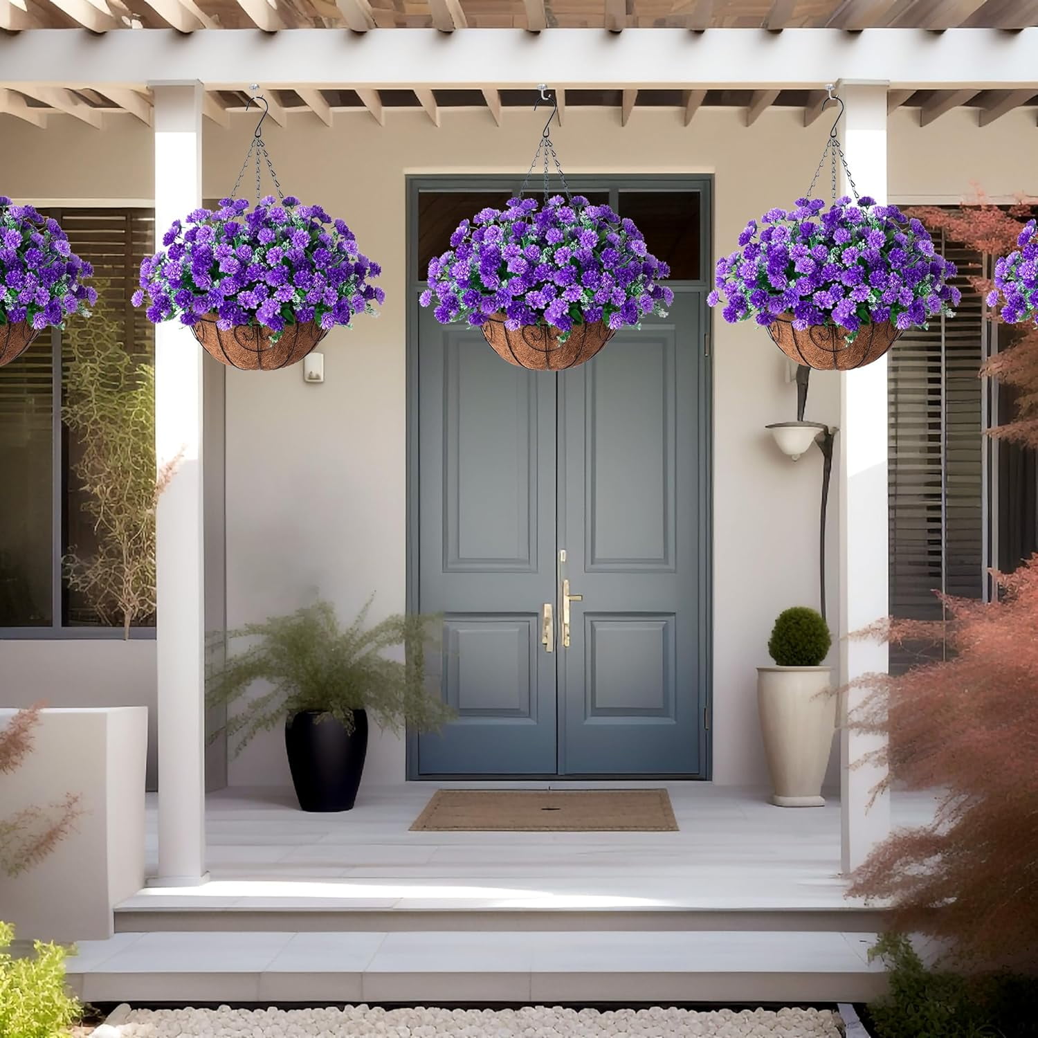 Artificial Faux Hanging Flowers Basket for Outdoors Outside Porch Decoration, Silk Fake Hanging Flowers Colorful Daisy with Coconut Lining Baskets for Courtyard Spring Summer Decor(Violet)