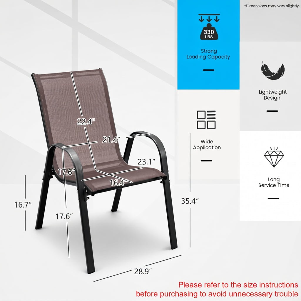 Hommoo 2-Pack Stackable Outdoor Dining Chairs with Ergonomic Armrests, Fabric & Grey Steel Frame,Space-Saving Patio Seating, Brown