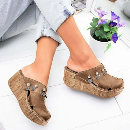 

XIAQUJ Fashion Women Summer Wedges Breathable Slip on Round Toe Sandals Slippers Comfortable Beach Shoes Sandals for Women Khaki 7(38)