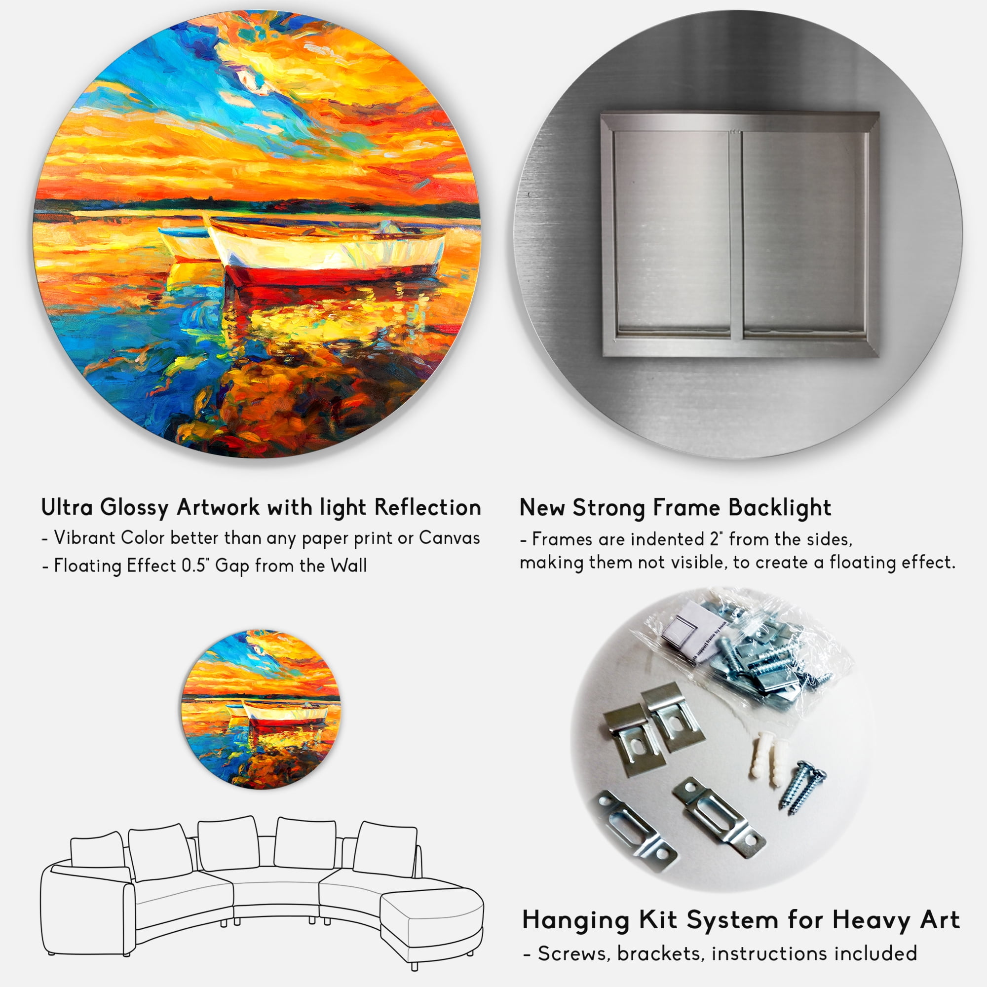 Designart 'Red and White Boats By The Pier At A VIbrant Sunset' Nautical & Coastal Circle Metal Wall Art 23x23 - Disc of 23