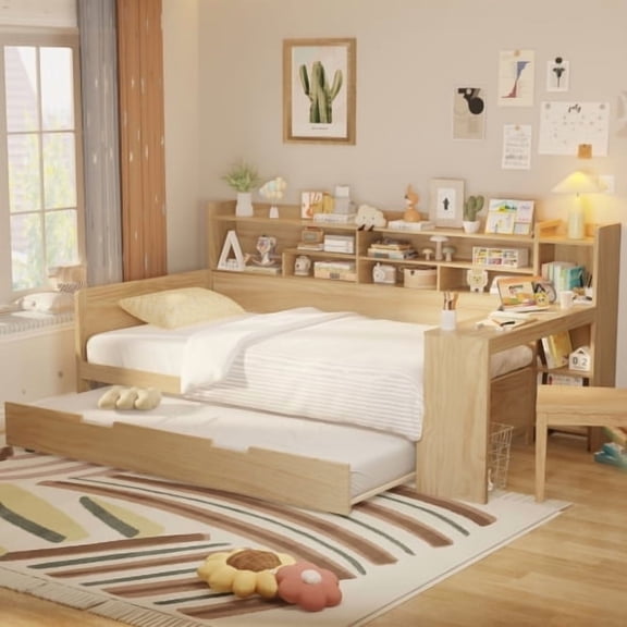 DreamBuck Twin Size Daybed with Trundle, Storage Shelves and Study Desk,Space Saving Wood Twin Bed with Trundle for Adults Teens, Easy ssembly, Natural