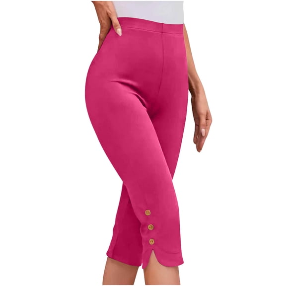 Sevevn Women's High Waist Capri Leggings Stretchy Cropped Pants with Button Split Hem Detail Hot Pink L