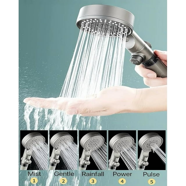 Cabezal de ducha filtrado a alta presión | 5 modos de pulverización Lluvia con niebla de masaje mezclada | Lavado a presión portátil | Sistema de filtración de agua dura | Material ABS | Boquillas