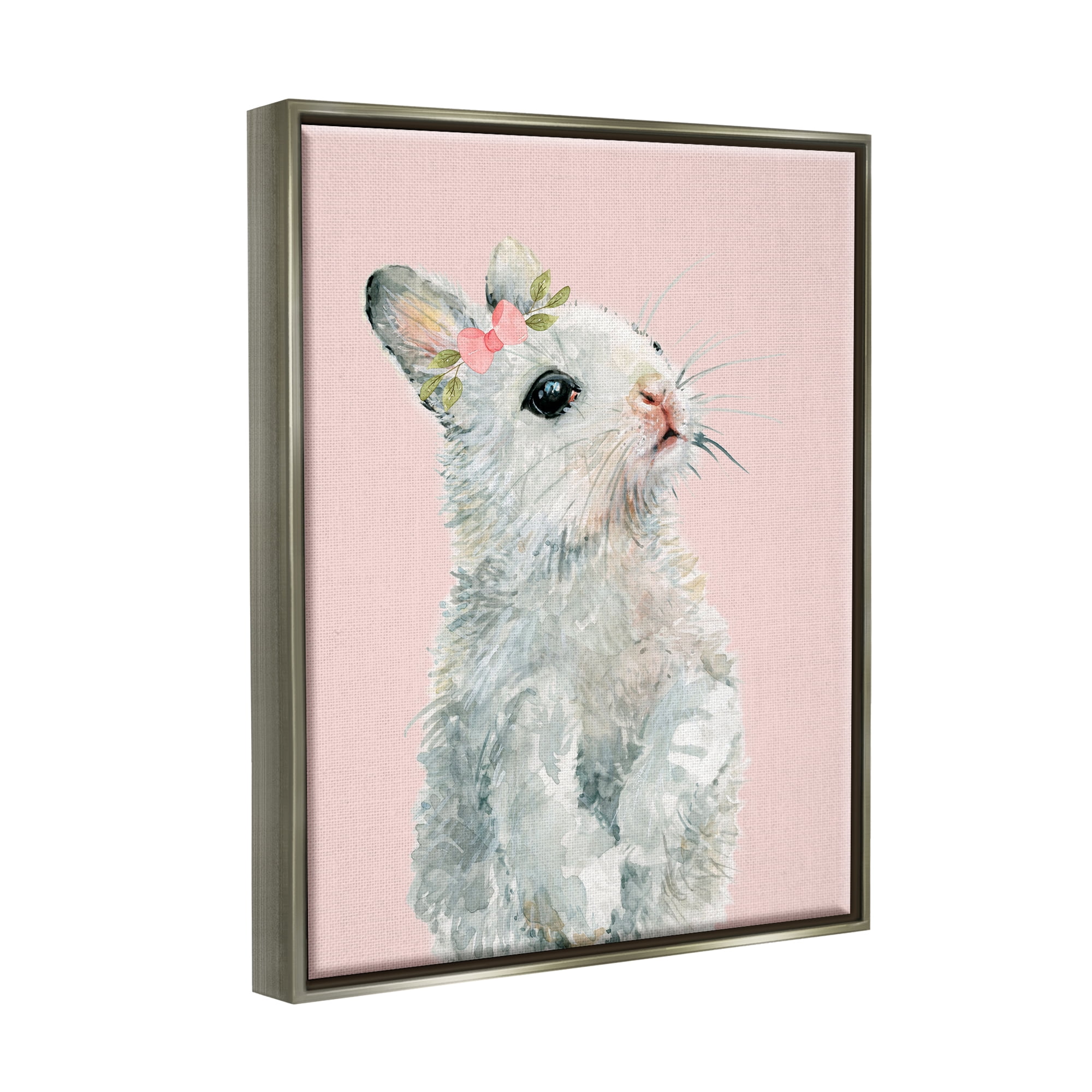 Stupell Industries Fuzzy Bunny on Pink Animals & Insects Painting Gray Floater Framed Canvas Art Print Wall Art, 17 x 21