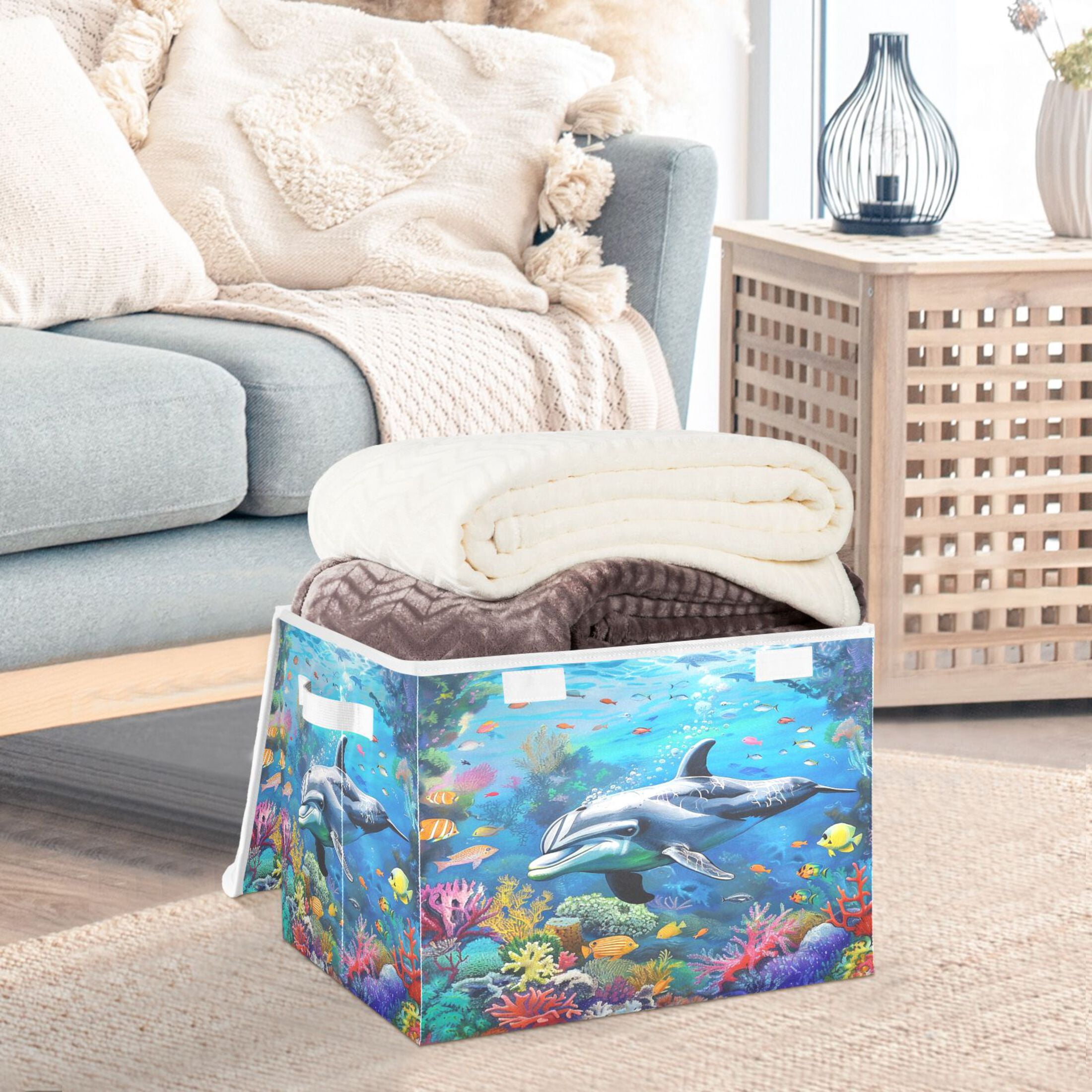 Ryvnso Dolphin and Fish under Sea Large Lidded Foldable Storage Baskets Cubes Boxes Lids Bin for Home
