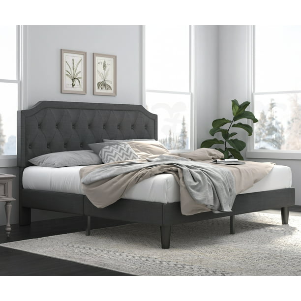Amolife King Upholstered Platform Bed, Grey Bed With Diamond Headboard