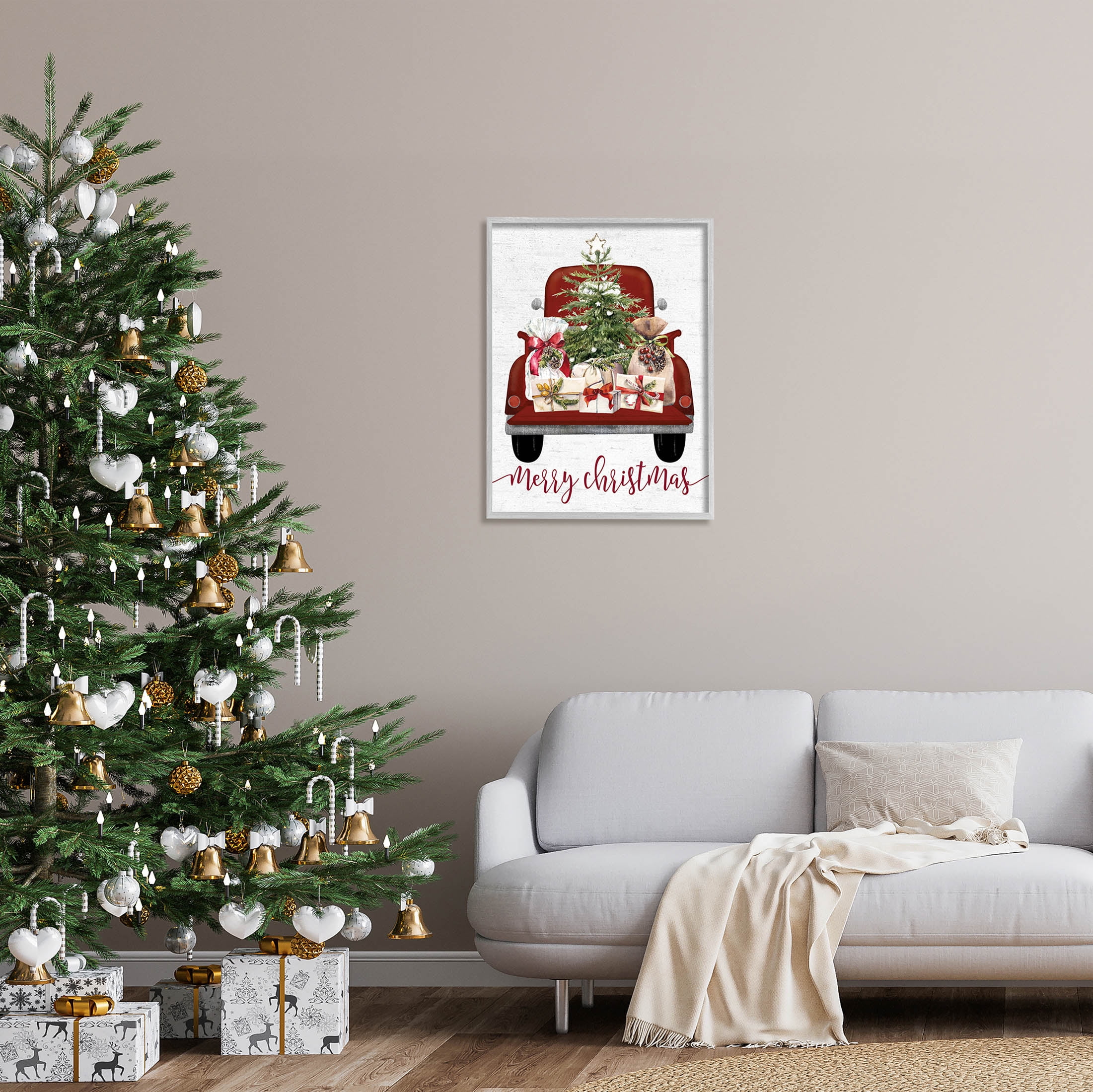 Stupell Industries Merry Christmas Holiday Presents Graphic Art Gray Framed Art Print Wall Art, Design by Lettered and Lined