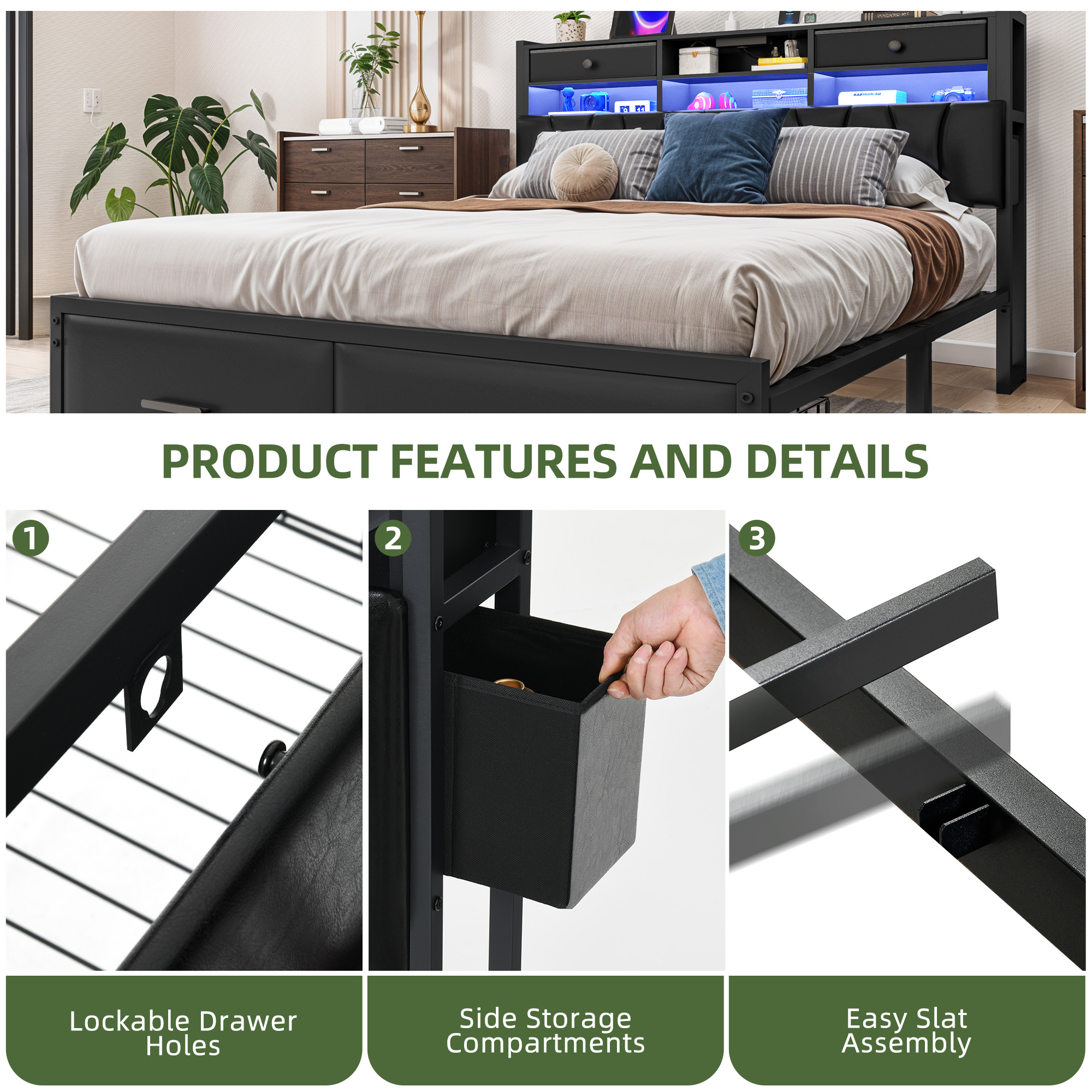 Uforic King Size PU Leather Platform Bed Frame with 3-Tier Storage Headboard 2 Underbed Rolling Drawers & Side Storage Boxes, No Box Spring Required, Black