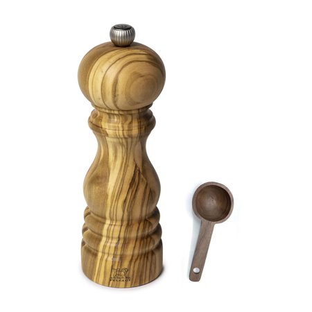Peugeot Paris Olivier Pepper Mill Gift Set Olive Wood - With Wooden Scoop (7 -Inch, Pepper Mill w/Scoop)