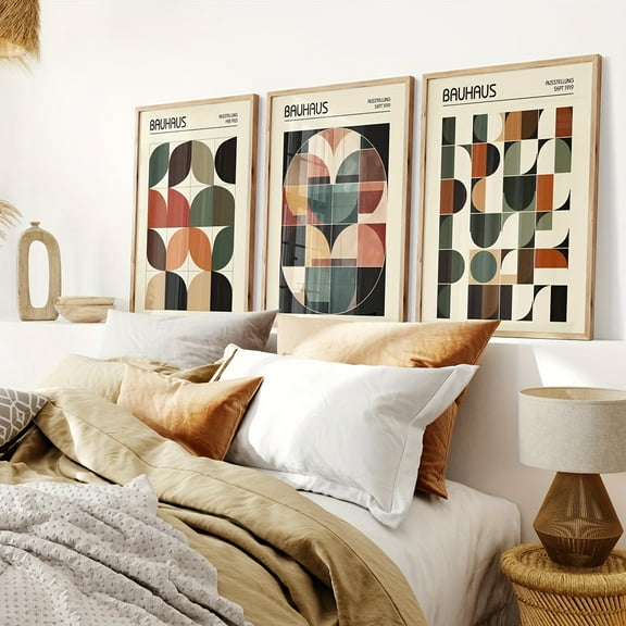3pcs Bauhaus Style Abstract Geometric Wall Art Prints - Colorful Minimalist Frameless Canvas Posters for Living Room, Bedroom, Office Decor, Indoor Use, Modern Home Decor|Geometric Wall Art|Frameles
