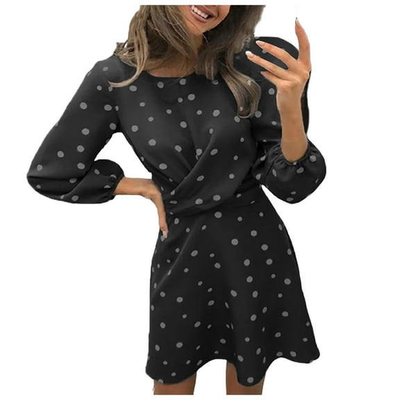 Fesfesfes Women Gowns O-Neck Long Sleeve Polka-dot Waist Formal Dress Evening Dress