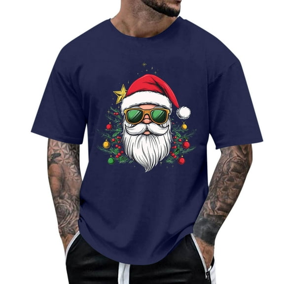 Stamzod Christmas T Shirts for Man Short Sleeve Santa Graphic Tees Xmas Holiday Shirts for Men Crewneck Pullover Casual Tops Blue B S