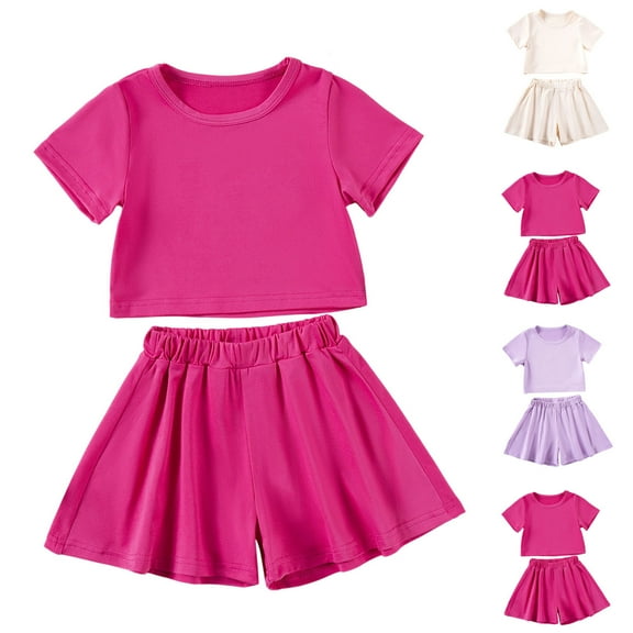 Hrsba Little Girls Solid Color Short Sleeve Round Neck Top and Skort Fashion Short Sleeve Set for Summer