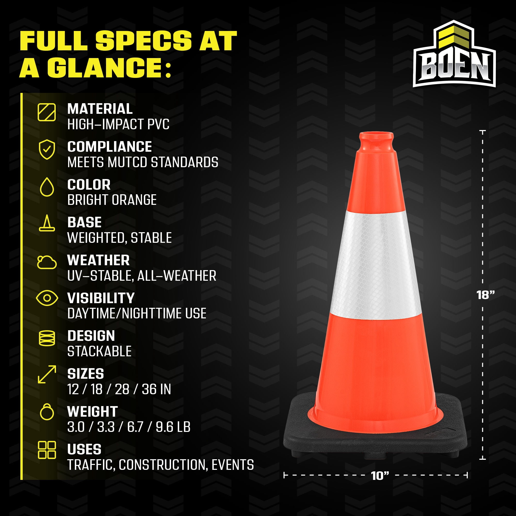 BOEN 18 in Orange Reflective Traffic Cones for Parking Safety, 12 Pack