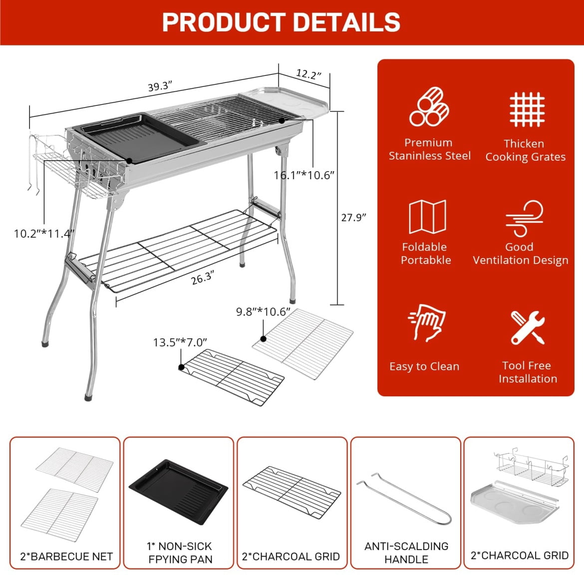 Portable Charcoal Grill, Foldable Barbecue Grill, 39 x 12x 28" Stainless Steel BBQ Grill for Outdoor Cooking Camping Hiking Picnic Garden Beach Party (Large)