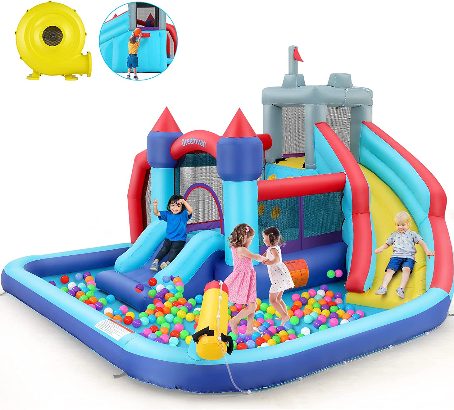 Qhomic Inflatable Bounce House for Toddlers with Blower, Children's Castle with Bouncing Slides, Climbing Wall, Bouncing Area, Basketball Hoop, Water Gun, Inflatable Water Slide with Football Area - image 3 of 12