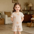thumbnail image 5 of oelaio Girls Summer Outfits Cute Flower Printed 2 Piece Clothes Short Sleeve T-Shirts and Elastic Waist Shorts Kids Casual Lounge Pajama Sets Beige 2 Years, 5 of 7