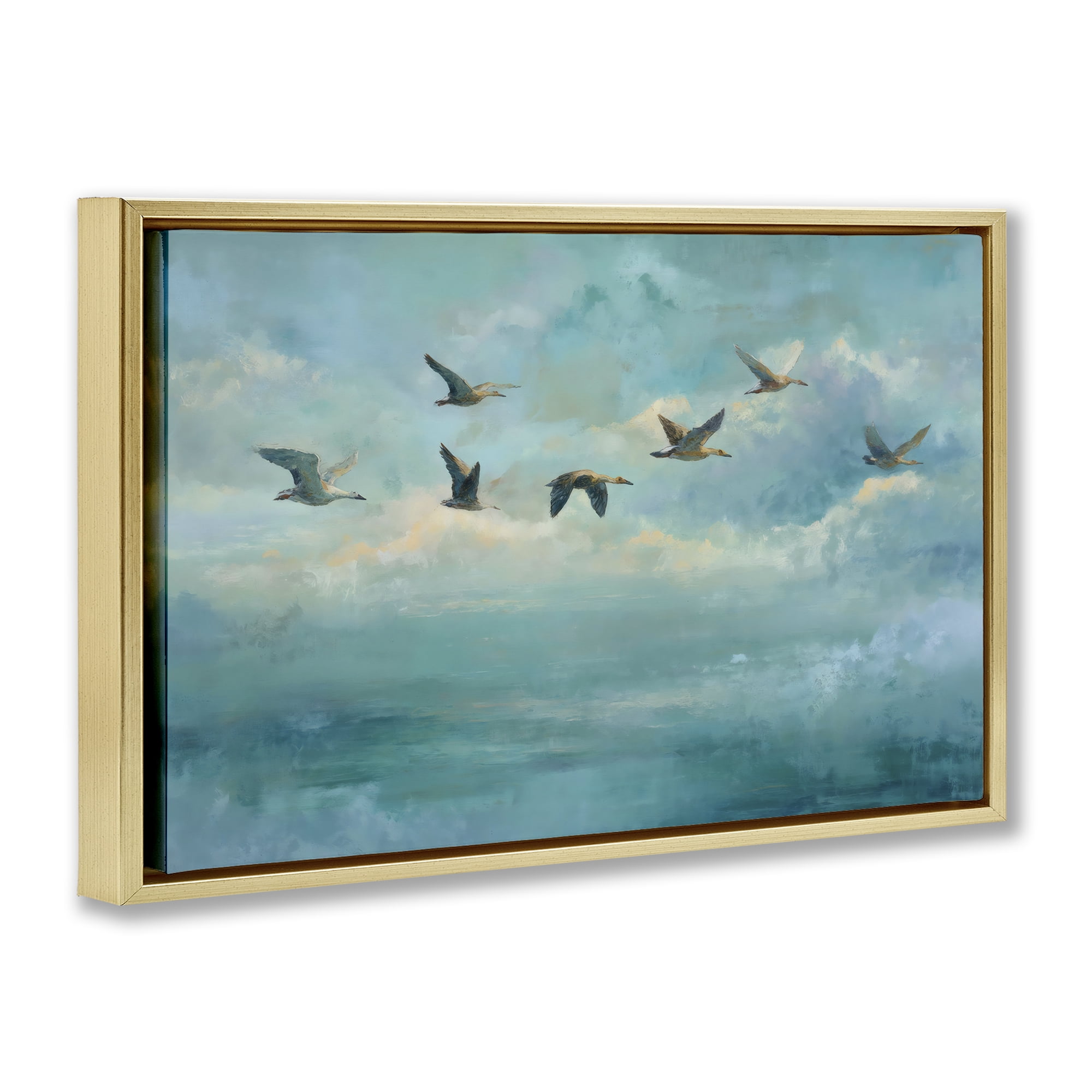 Stupell Industries Blue Skies Geese Gold Framed Floater Canvas Wall Art, design by Petal Prints Design
