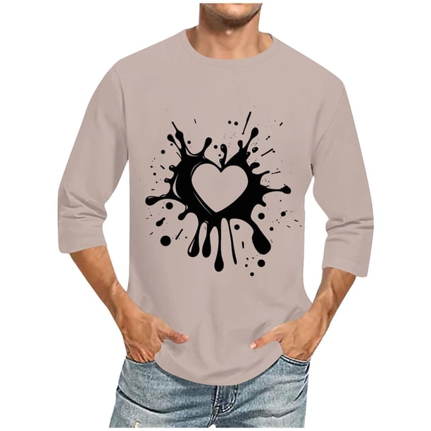 Camisetas de Manga Larga para Hombres, Día de San Valentín Impreso 3/4 Manga Camiseta de Fitness, Mezcla de Algodón Casual