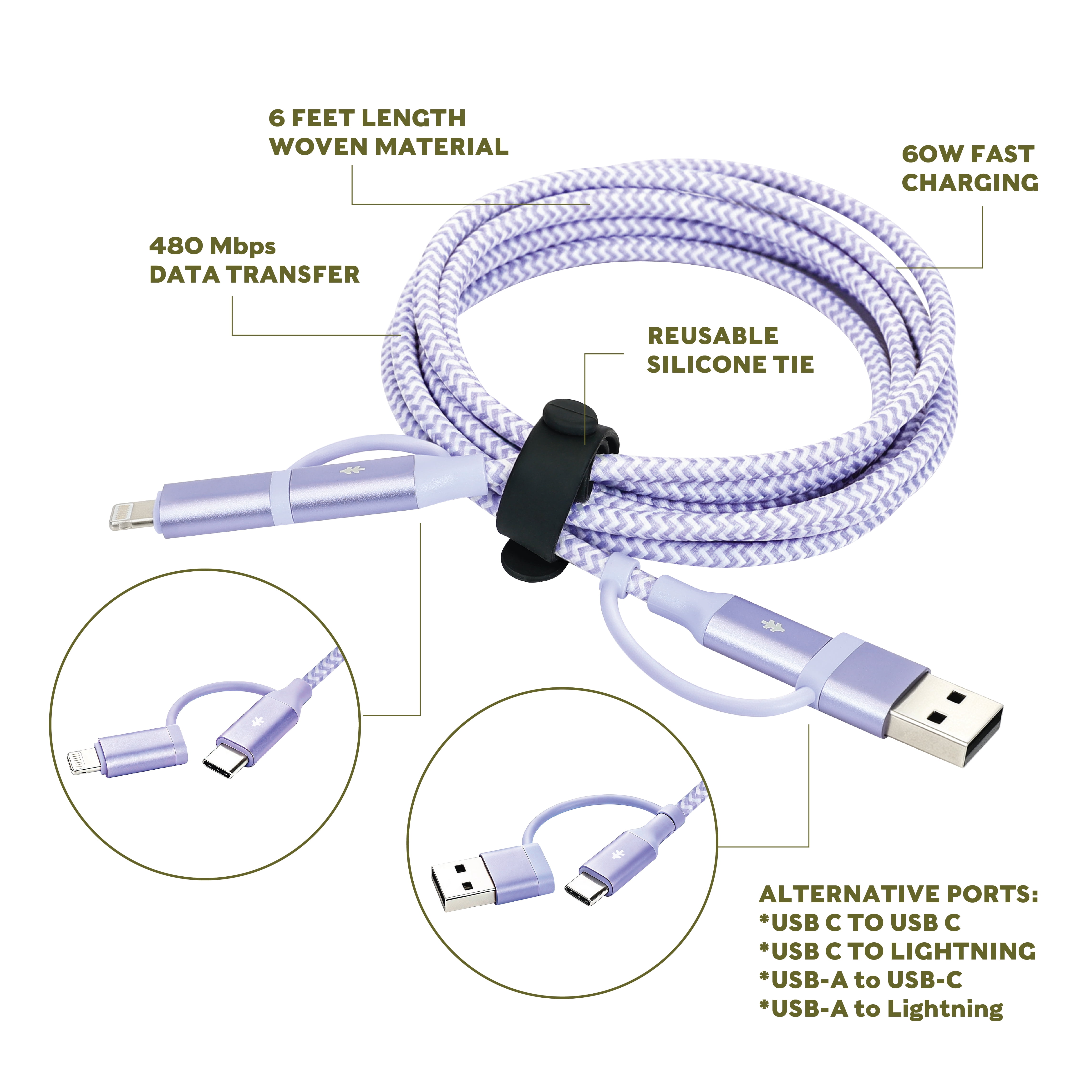 Swiss Tech Kabel T60 6 ft 60W 4-in-2 USB-C to USB-C/Lightning Charging Cable, Myrtle Purple
