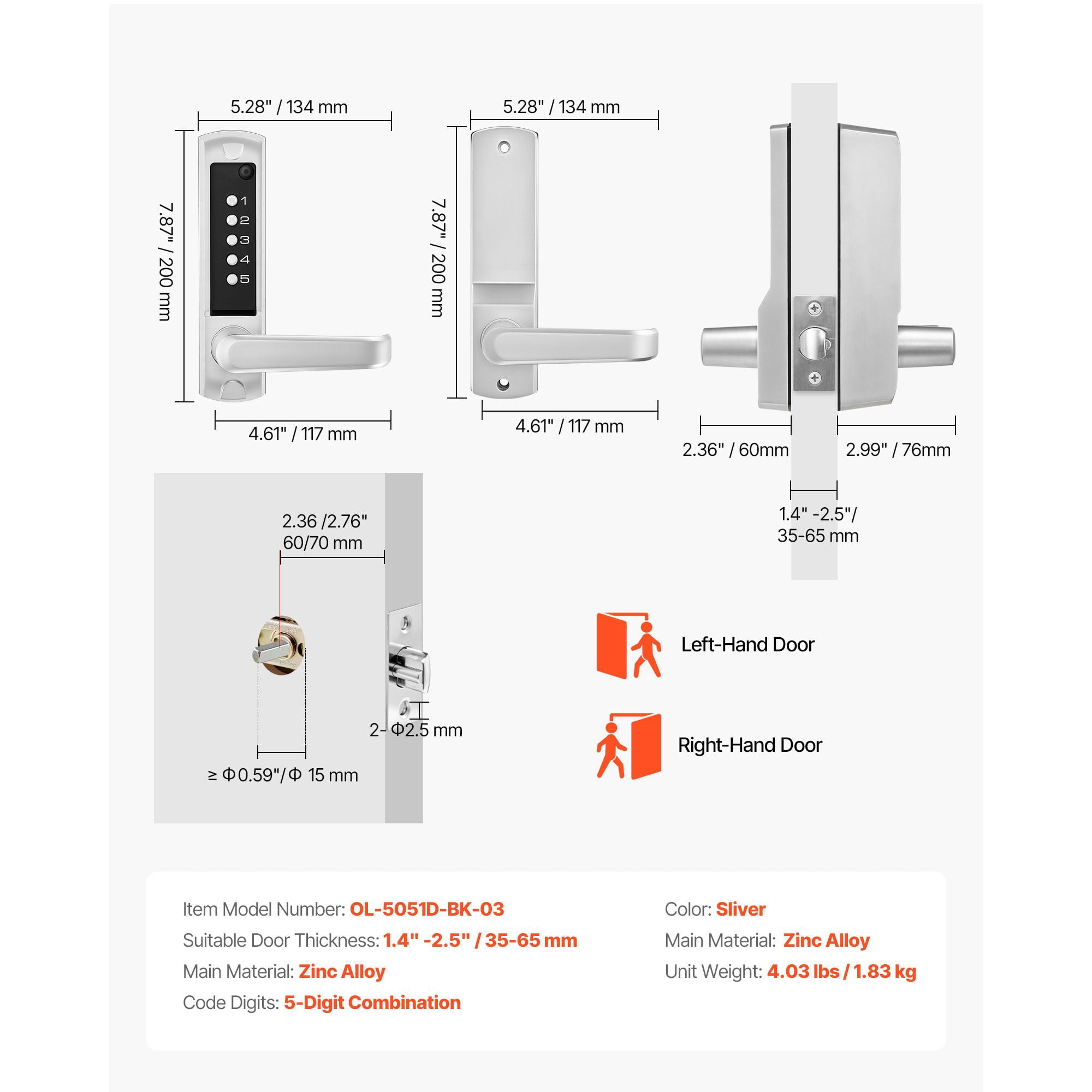 Mechanical Keyless Door Lock Gen2 Single-Sided 5-Digit Code Zinc Alloy for Front Gate Garden Garage