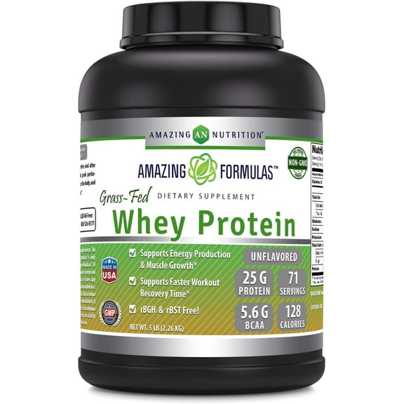 Amazing Formulas Grass-Fed Whey Protein 5Lbs Supplement | Unflavored |71 Serving Per Unit | 25 Gram Protein per Serving | Made in USA