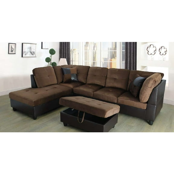 Hermann Left Chaise Sectional Sofa with Storage Ottoman, Chocolate Brown, MicroFiber