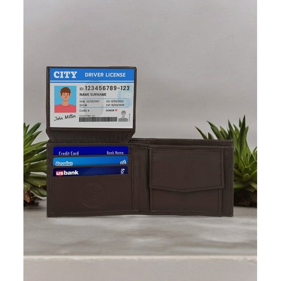 Leatherboss Genuine Leather Boys Mens Slim Compact Flap Clear ID Credit Cards Coin Pocket Bifold Wallet: Dark Brown