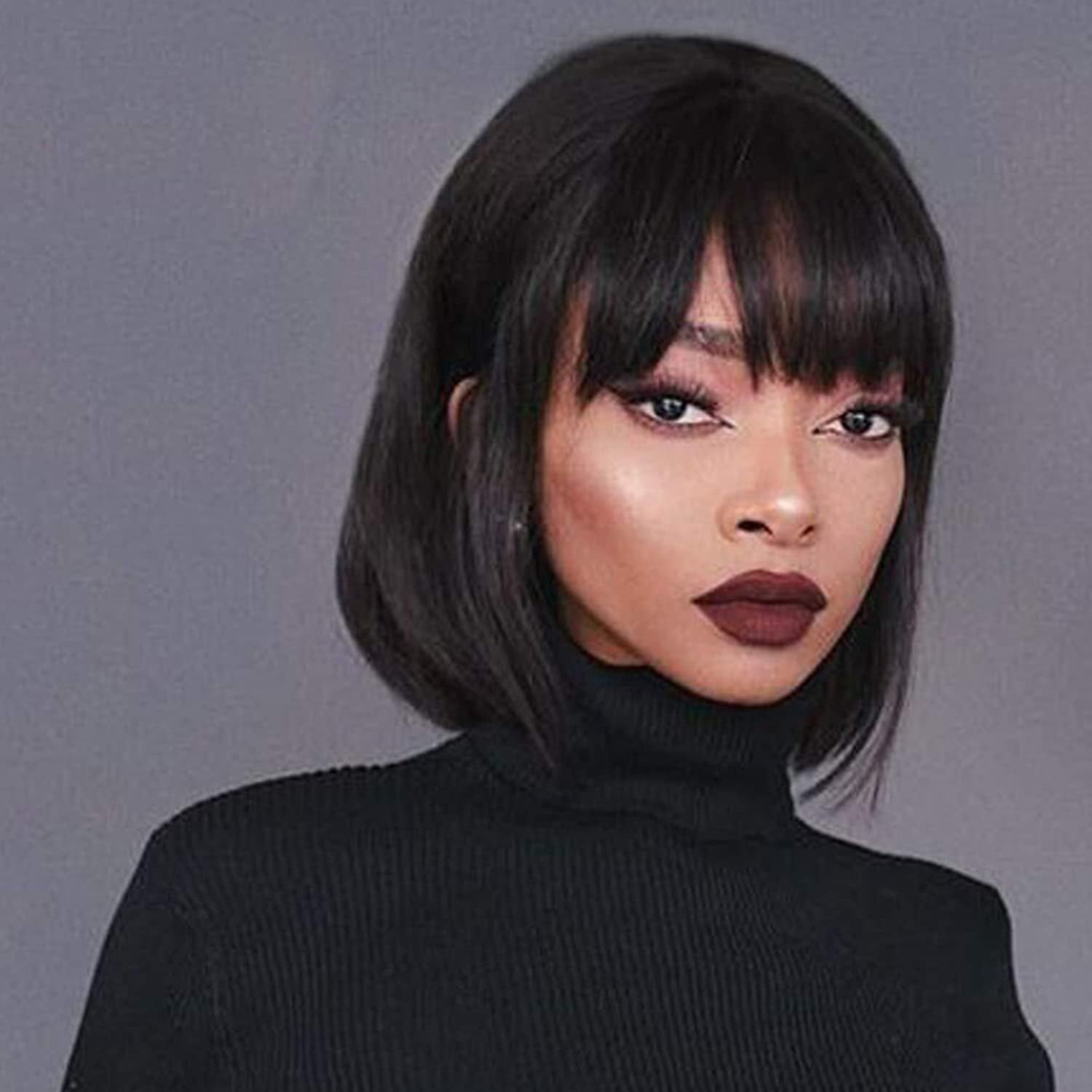 Short Bob Human Hair Wigs with Bangs None Lace Front Wigs Brazlian Straight  Hair Machine Made Bob Wig for Black Women Natural color (10 Inch) | Walmart  Canada