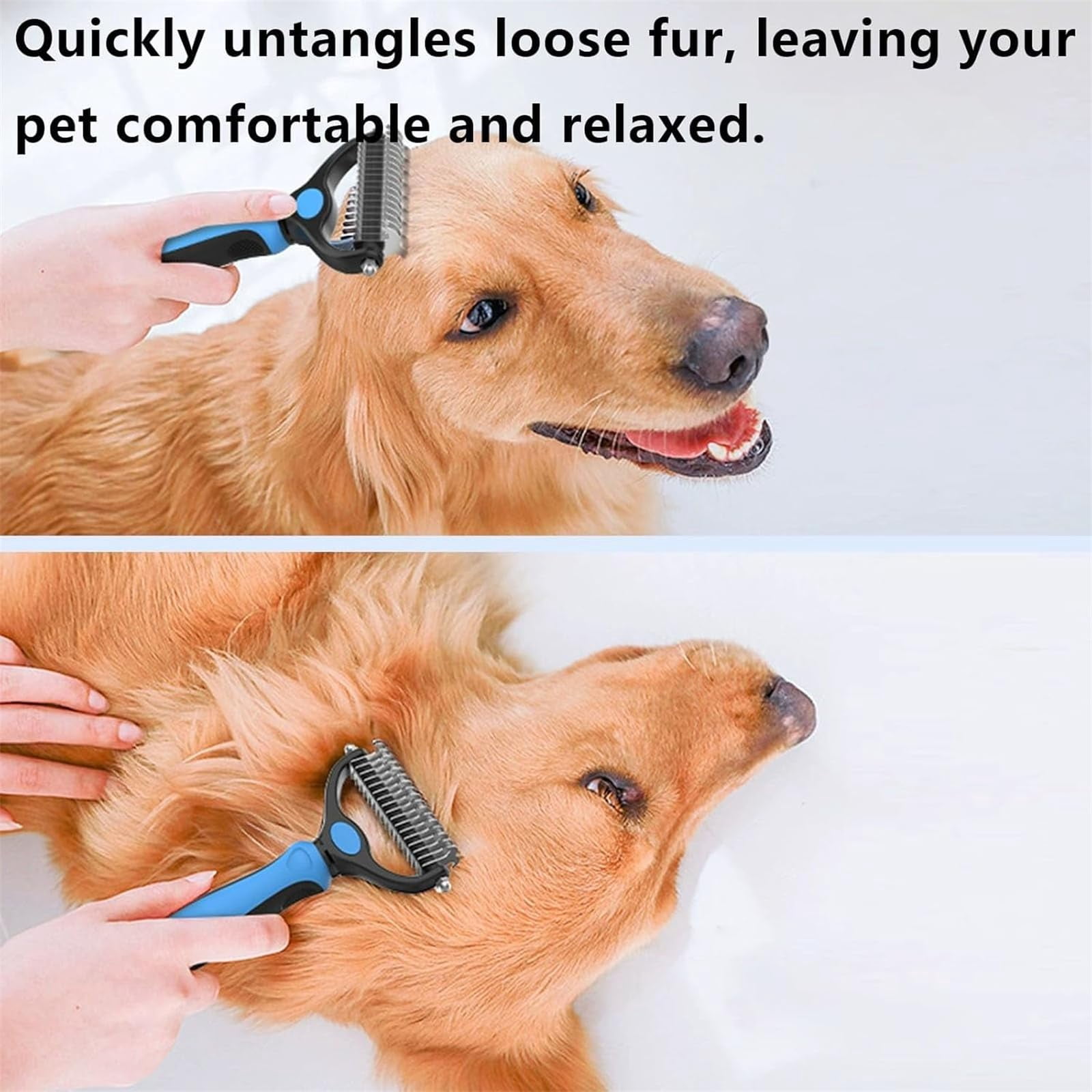 Pet Pro Grooming Tool, 2-in-1 Deshedding Dog Brush with 9/17 Teeth Undercoat Rake for Dogs & Cats, Dual-Sided Stainless Steel Pet Comb for Long Hair & Thick Coats, Non-Slip Ergonomic Handle (Blue-L)