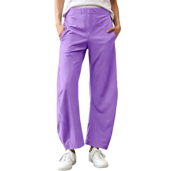 Wovilon Women's Quick-Dry Barrel Leg Cropped Pants with Elastic Waist and Side Pockets, Relaxed Fit Lightweight Nylon Summer Travel Casual Wear