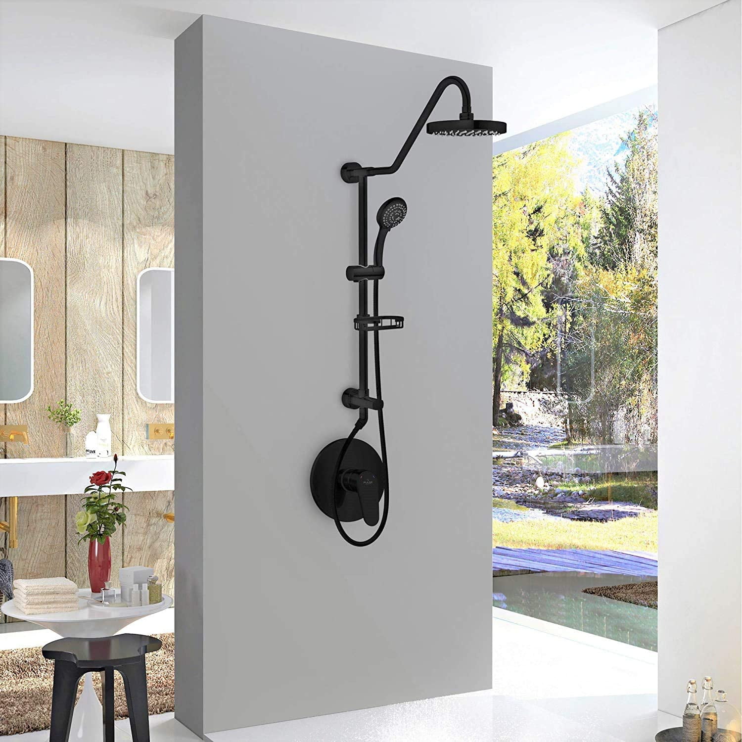 Kauai III 8-in Rain Showerhead Shower System with Slide Bar and Integrated Soap Dish Matte Black 1.8 GPM