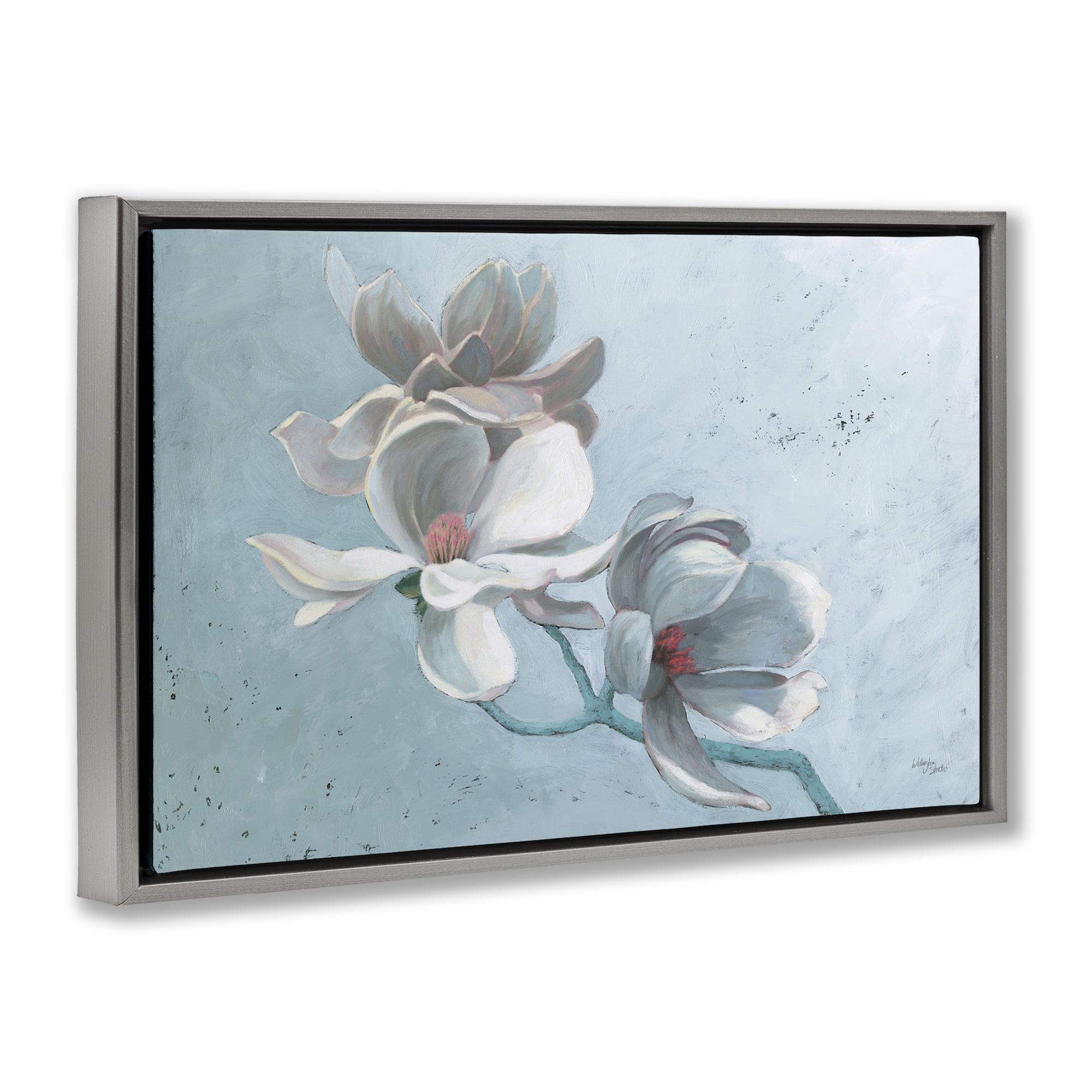 Stupell Industries Magnolia Branch on Blue Botanical & Floral Painting Gray Floater Framed Art Print Wall Art, 25 x 17