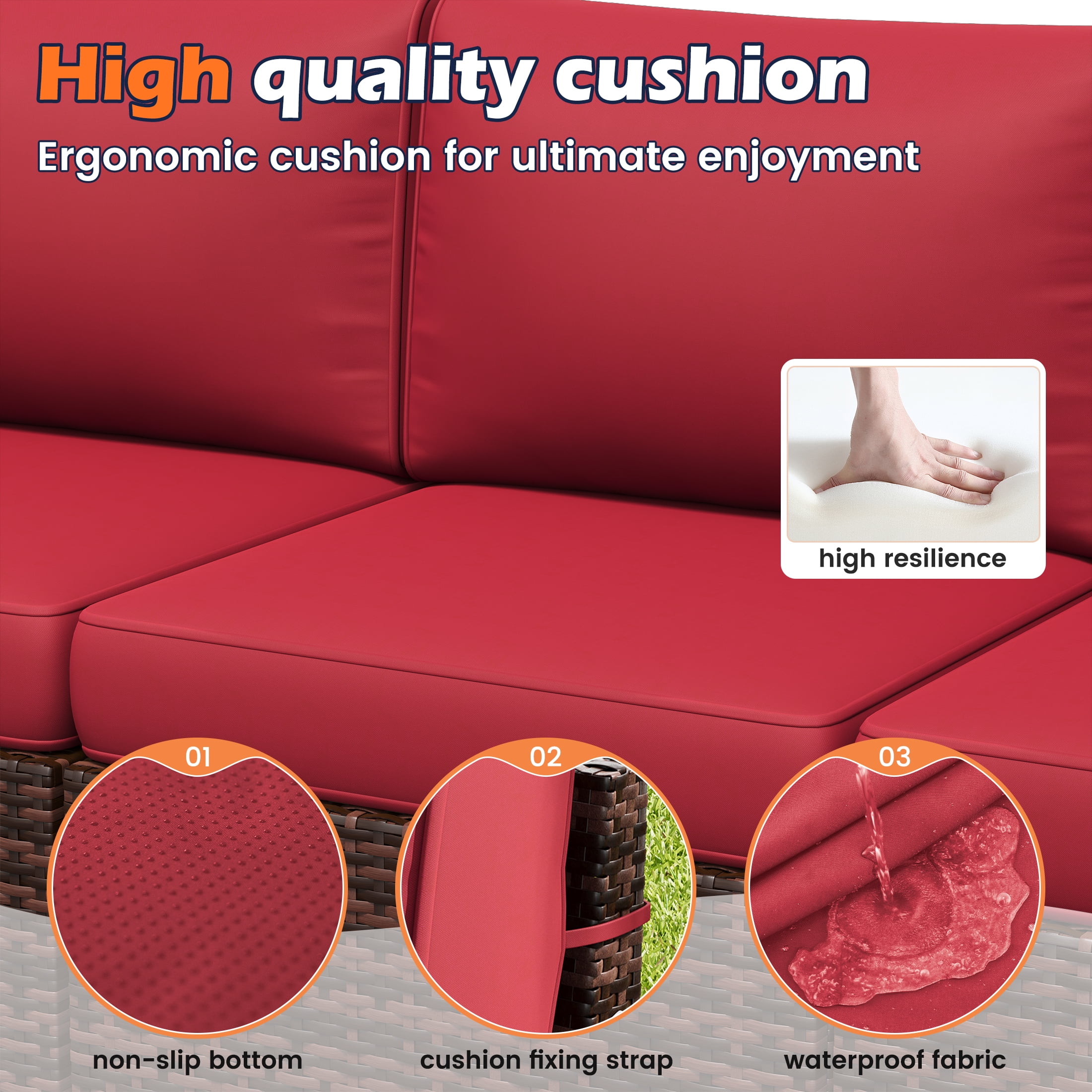 TECHMILLY 6-Piece Patio Furniture Set, Outdoor Patio Sofa Set With Wide Armrest, All-Weather Wicker Rattan Guest Set With Cushion And Glass Table And Waterproof Cover,Brown & Wine Red