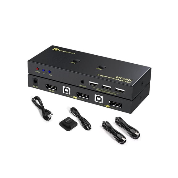 DisplayPort KVM Switch 2 Port, KVM Switch DisplayPort for 2 Computers Sharing 1 Monitor and 3 USB Devices, Support 4K @60Hz, 2K(2560X1440) @120Hz