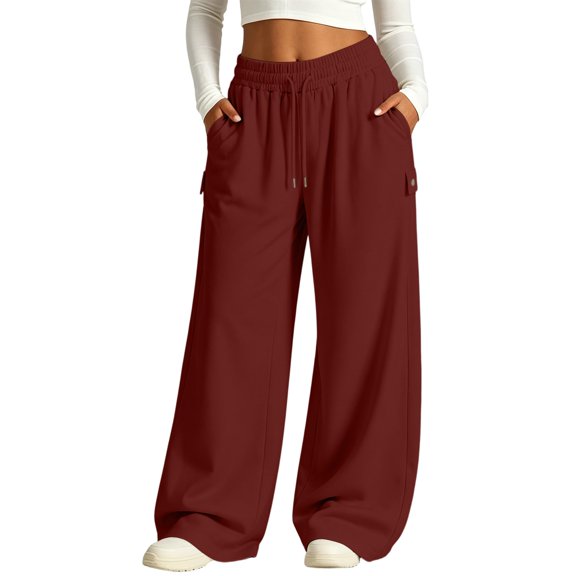 Besolor Wide Leg Sweatpants for Women High Waisted Drawstring Casual Loose Workout Running Trousers with Pocket(X-Large,Red)