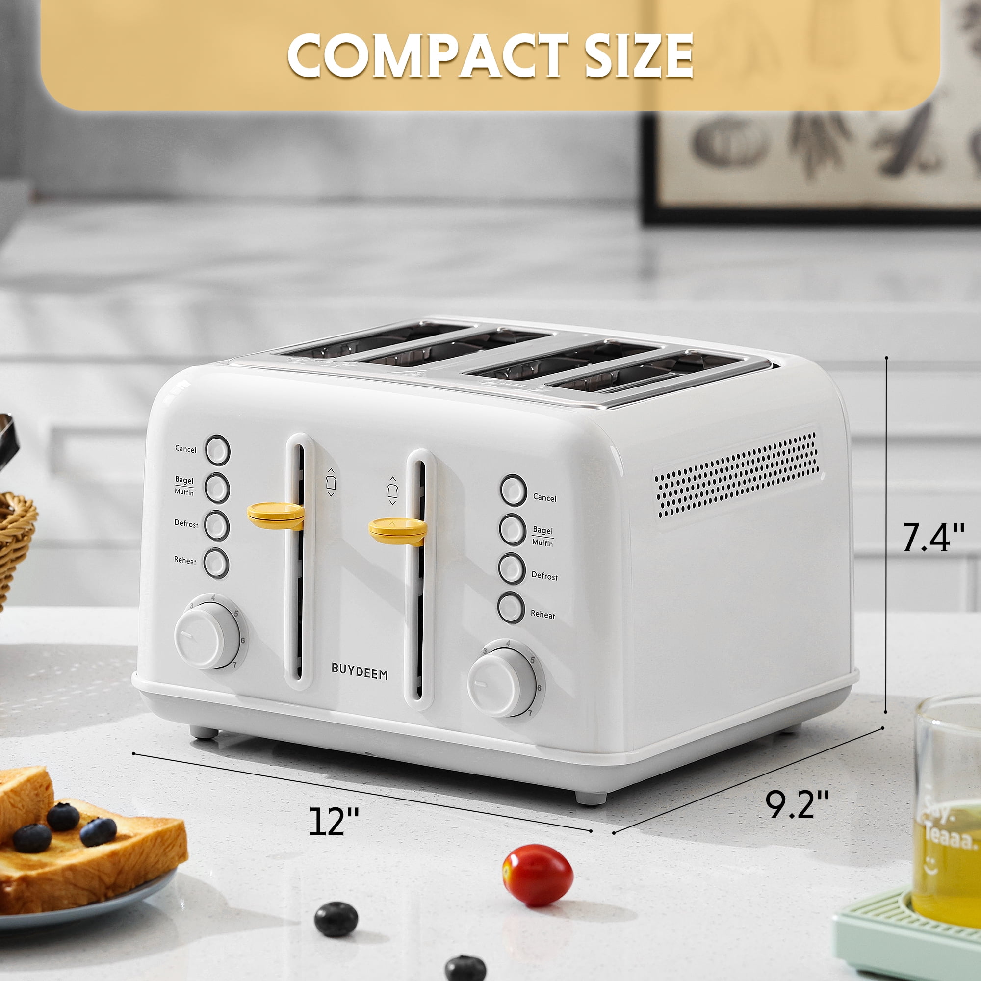 BUYDEEM DT640 4 Slice Toaster, Extra Wide Slots, Retro Stainless Steel with High Lift Lever, Bagel and Muffin Function, Removal Crumb Tray, 7-Shade Settings (Arctic White, 4-Slice)